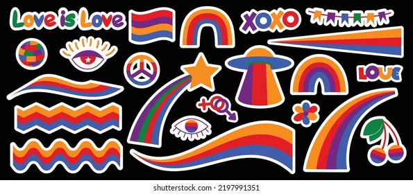Set of hipster retro cool rainbow psychedelic elements. A collection of groovy cliparts iridescent from the 70s. Abstract design of cartoon stickers. Trend vector illustration.