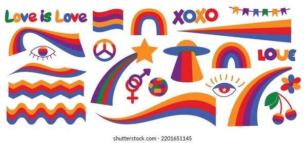 Set of hipster retro cool rainbow psychedelic elements. A collection of groovy cliparts iridescent from the 70s. Abstract design of cartoon stickers. Trend vector illustration.