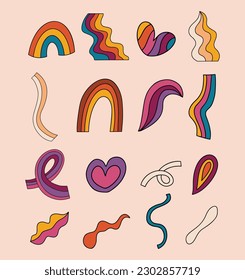 Conjunto de elementos psicodélicos hipster retro fresco arcoiris. Colección de groovy cliparts iridescente de los años 70. Diseño abstracto de pegatinas de dibujos animados. Ilustración vectorial de tendencia.