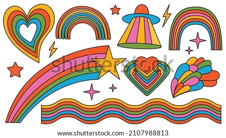 Set of hipster retro cool rainbow psychedelic elements. A collection of groovy cliparts iridescent from the 70s. editable stroke. Abstract design of cartoon stickers. Trend vector illustration.