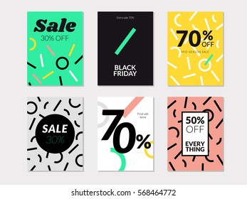 Set of hipster sale banners pack. Trendy memphis style. Vector illustrations for website and mobile website banners, posters, email and newsletter designs, ads, coupons, promotional material. 