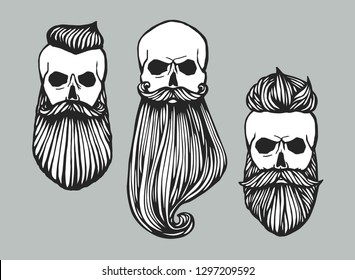 Set of Hipster skull heads with beards. Hand-Drawn Doodle. Vector Illustration - stock vector. Hand drawn cartoon character. Bearded man