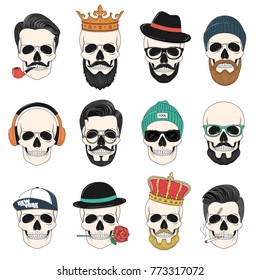 Set of hipster skulls with hair, crowns, hats, headphones, etc