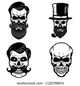 Set of hipster skulls isolated on white background. Design element for logo, label, print, badge, poster. Vector illustration