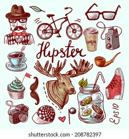 Set of hipster style doodles vintage antlers bicycle camera shoe icons in color vector illustration