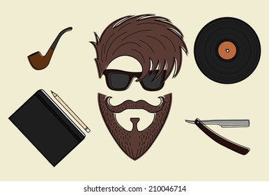 Set of hipster style stuff: sunglasses, pipe, vinyl, razor, notebook, pencil, haircut, mustache, beard