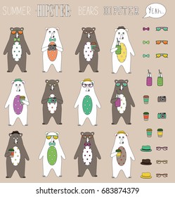 set of  hipster summer bear flat  with accessories (can swap). Vintage styled design hipster icons signs and symbols templates for your design. Set of  sunglasses, coffee, camera, hat, smoothies