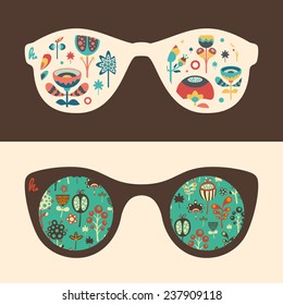 Set of hipster sunglasses with colorful flowers and foliage.