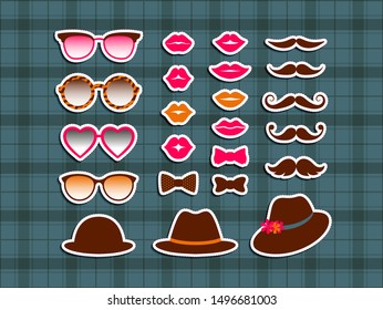 Set of hipster sunglasses, lips, tie bows, moustaches and hats. Ladies and gentlemen fashion style. Cute flat collection of retro stickers on seamless pattern. Vector icons isolated