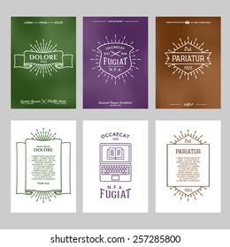 set hipster typography gradient vintage label , flyer or poster with logo, star burst , ribbon , shield , laptop ,  