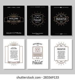 set hipster typography monochrome vintage label, flyer or poster with crest, logo, star burst, ribbon, shield, sword, laptop 