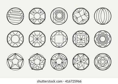 Set of hipster vector geometric shapes. Circular abstract. Shapes made using line, triangles, circles, and other polygons. You can use it for design icons, logos.