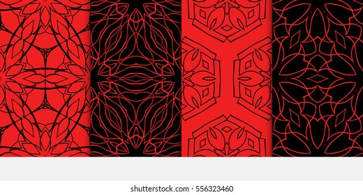 set of hipster vector seamless pattern with abstract floral and leave style. blue, red color.
