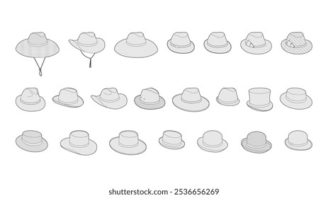 Set von Hipster Vintage Hats - Crafted Straw Fedora Boater, Panama Homburg Derby, Safari Gambler Lifeguard, Porkpie Bowler, Trilby Top Hat mit. Head Fashion Accessoire Kleidung technische Illustration.