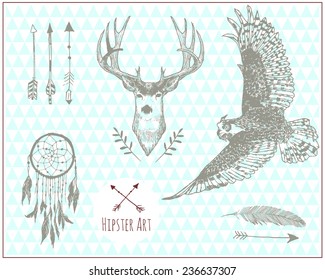 Set of hipster vintage illustration elements. Isolated. Vector.  Hipster trend