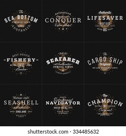 Set of Hipster Vintage Labels, Logotypes, Badges for Your Business. Nautical Theme - Sea, Anchor, Octopus, Ship, Fish, Shell. Vector Illustration on Dark Textured Background