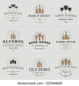 Set of Hipster Vintage Labels, Logotypes, Badges for Your Business. Beverage, Wine Glasses, Bottles, Beer, Drinks, Restaurant. Vector Illustration