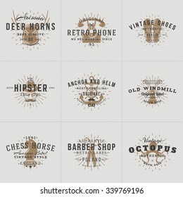 Set of Hipster Vintage Labels, Logotypes, Badges for Your Business. Horns, Retro Phone, Shoes, Anchor, Windmill, Barber, Chess. Vector Illustration