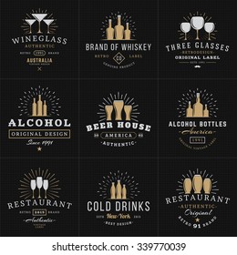 Set of Hipster Vintage Labels, Logotypes, Badges for Your Business. Beverage, Wine Glasses, Bottles, Beer, Drinks, Restaurant. Vector Illustration on Dark Textured Background