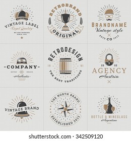 Set of Hipster Vintage Labels, Logotypes, Badges for Your Business. Crown, Helmet, Barrel, Lock, Bell, Star, Wine. Vector Illustration