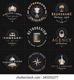 Set of Hipster Vintage Labels, Logotypes, Badges for Your Business. Crown, Helmet, Barrel, Lock, Bell, Star, Wine. Vector Illustration on Dark Textured Background