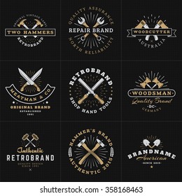 Set of Hipster Vintage Labels, Logotypes, Badges for Your Business. Hammer, Wrench, Axe, Shovel, Knife. Vector Illustration on Dark Textured Background