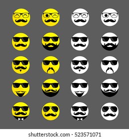 Set of hipster yellow and white emoticons with stylish beards and mustaches. Men wearing glasses. Vector illustration.