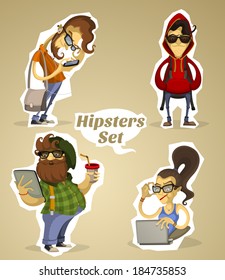 Set hipsters nerds with gadgets and without