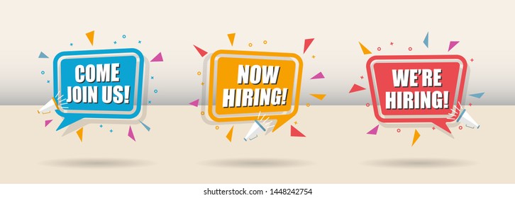 set of hiring design template with call out and speaker megaphone and ornament. employee needed. work opportunity banner advertisement and announcement.