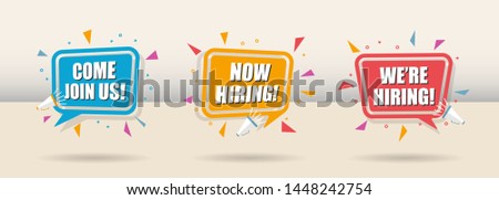 set of hiring design template with call out and speaker megaphone and ornament. employee needed. work opportunity banner advertisement and announcement.