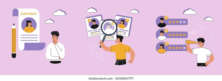 Establecer ilustraciones de contratación. Directores de Hr buscando nuevo empleado, leyendo CV y dando revisión a candidatos de trabajo. Concepto de agencia de contratación. Ilustración del vector aislada en el fondo