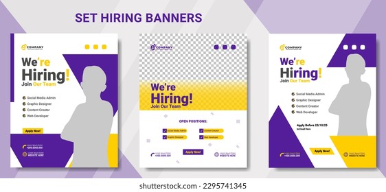 Set hiring job vacancy template. Bundle poster, flyer, brochure, cover, layout for business. Can used for social media. Portrait and can be cropped in square size svg