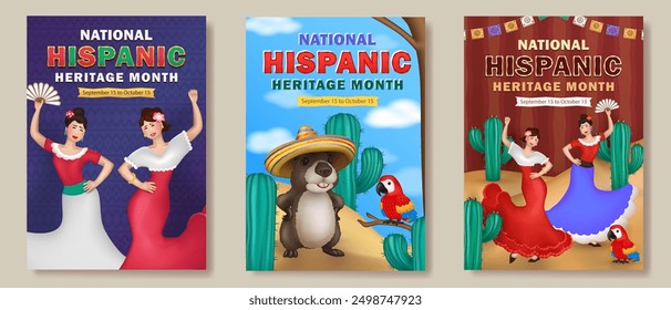 Set of Hispanic Heritage Month greeting cards with 3d papel picado, cartoon capybara in sombrero holding maracas, Macaw parrot and Latin women in traditional dresses dancing among cacti in a dessert