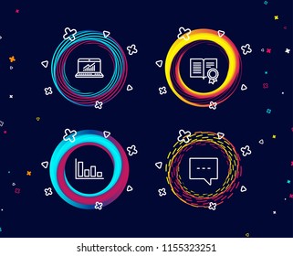 Set of Histogram, Diploma and Online statistics icons. Blog sign. Economic trend, Document with badge, Computer data. Chat message.  Circle banners with line icons. Gradient colors shapes. Vector