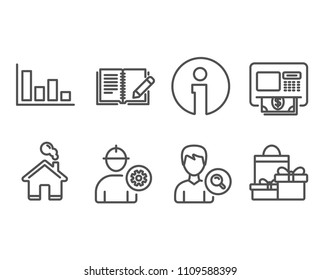 Set of Histogram, Search people and Engineer icons. Atm, Feedback and Shopping signs. Economic trend, Find profile, Worker with cogwheel. Money withdraw, Book with pencil, Holiday packages. Vector