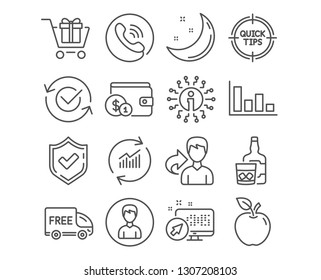 Set of Histogram, Tips and Person icons. Approved, Buying accessory and Update data signs. Free delivery, Shopping cart and Whiskey glass symbols. Economic trend, Quick tricks, Edit profile. Vector