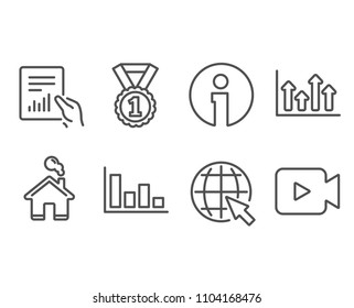 Set of Histogram, Upper arrows and Best rank icons. Internet, Document and Video camera signs. Economic trend, Growth infochart, Success medal. World web, File with diagram, Movie or cinema. Vector