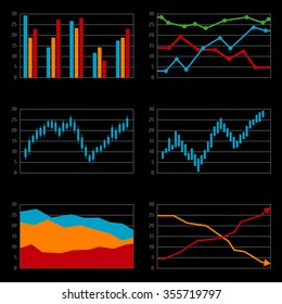 Set of histograms, black background. Vector illustration
