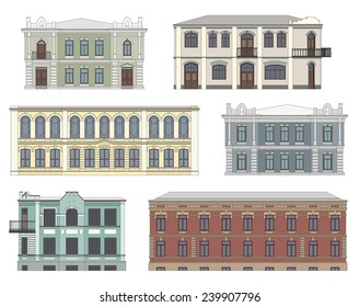 Set of historical building facades highly detailed, real, colored, isolated on white background