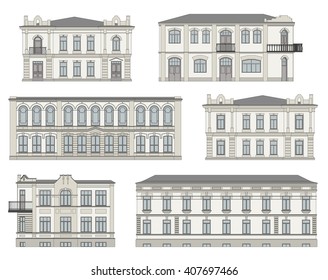 Set of historical building facades highly detailed, real, colored, isolated on white background