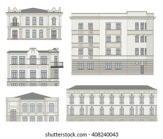 Set of historical building facades highly detailed, real, colored, isolated on white background