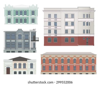 Set of historical buildings facades highly detailed, real, colored, isolated.