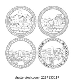 Set of historical cities mandalas. Use as book cover, coloring page for children and adults, decorative element