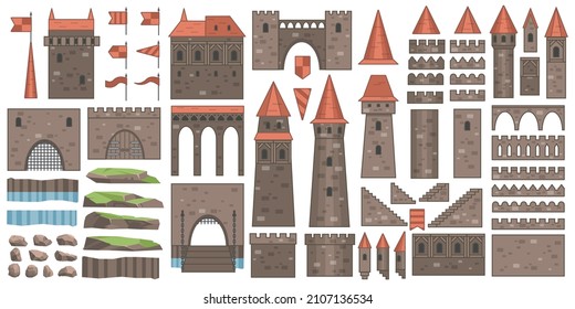 Set of historical fairy-tale house bastion constructor isolated on white background.Castle constructor, fortress and medieval palace fort with towers, vector isolated elements.  svg