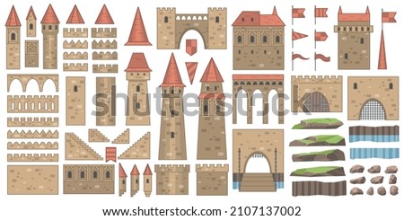 Set of historical fairy-tale house bastion constructor isolated on white background.Castle constructor, fortress and medieval palace fort with towers, vector isolated elements. 