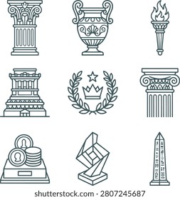 Set of historical featuring classical columns, decorative urns, a burning torch, stone monuments, laurel wreaths, and gold coins