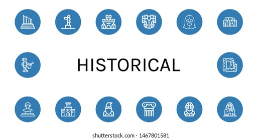 Set of historical icons such as Column, Statue, Fortress, Armour, Executioner, Stonehenge, Fortification, Knight, Great sphinx of giza, Medieval , historical