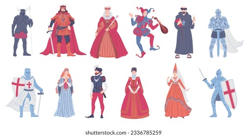 Set of historical medieval characters - cartoon flat vector illustration isolated on white background. Armed knight in armor, jester with mandolin, crusader, priest, queen and princess.