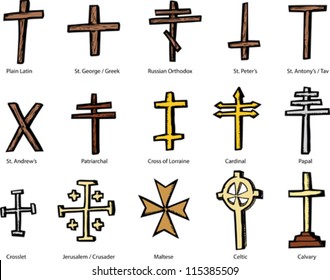 Conjunto de cruces históricamente precisas que representan varias iglesias cristianas