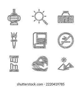 Set History book, Dinosaur skull, Egypt pyramids, No Smoking, Broken ancient column, Torch flame, Hanging sign with Open and Ancient amphorae icon. Vector
